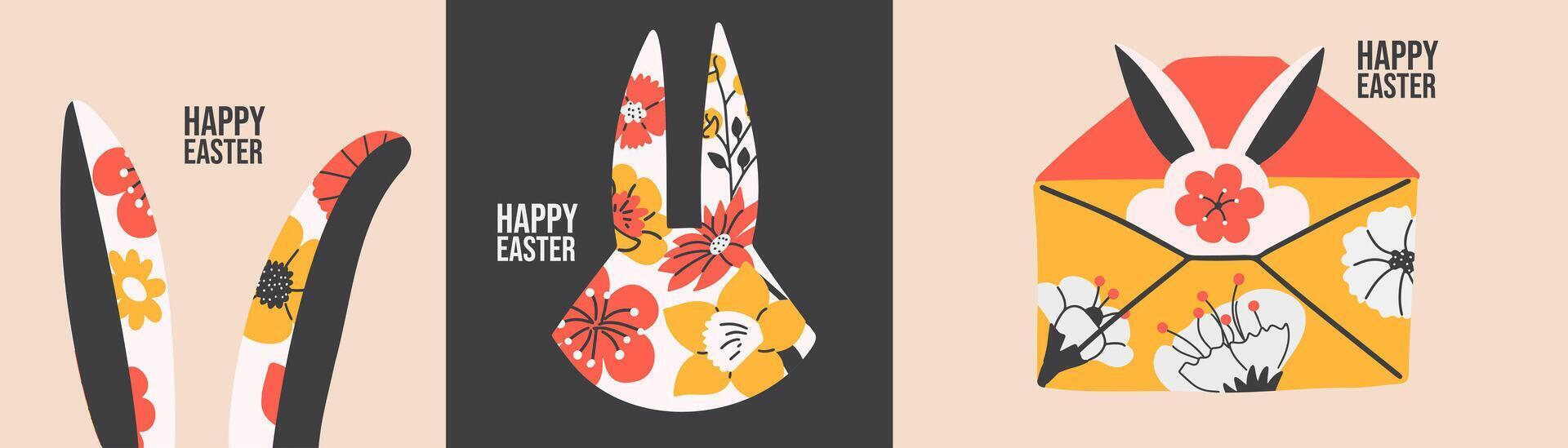 Set with Easter rabbit and abstract flowers. Happy Easter festive cards or posters vector