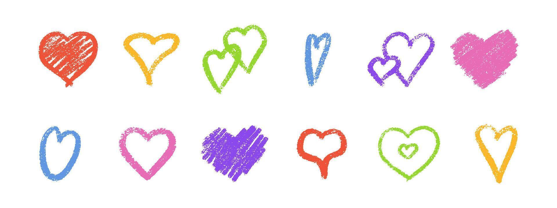 Multicolored crayon heart collection with rough chalk texture and scattered grainy strokes. vector