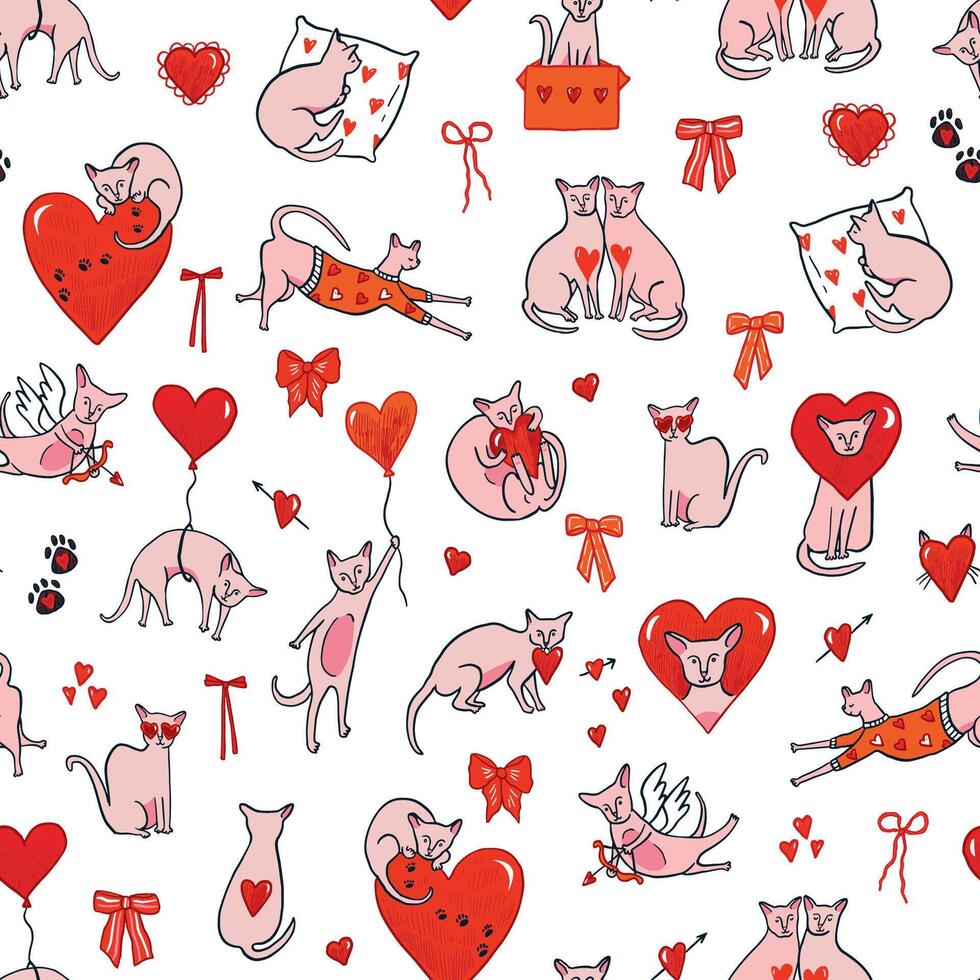 A pattern with cats and hearts vector