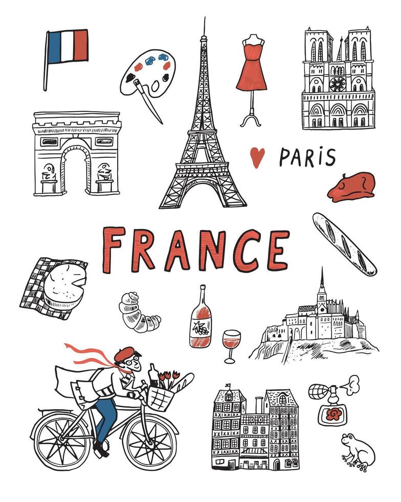 France travel guide with hand drawn icons vector