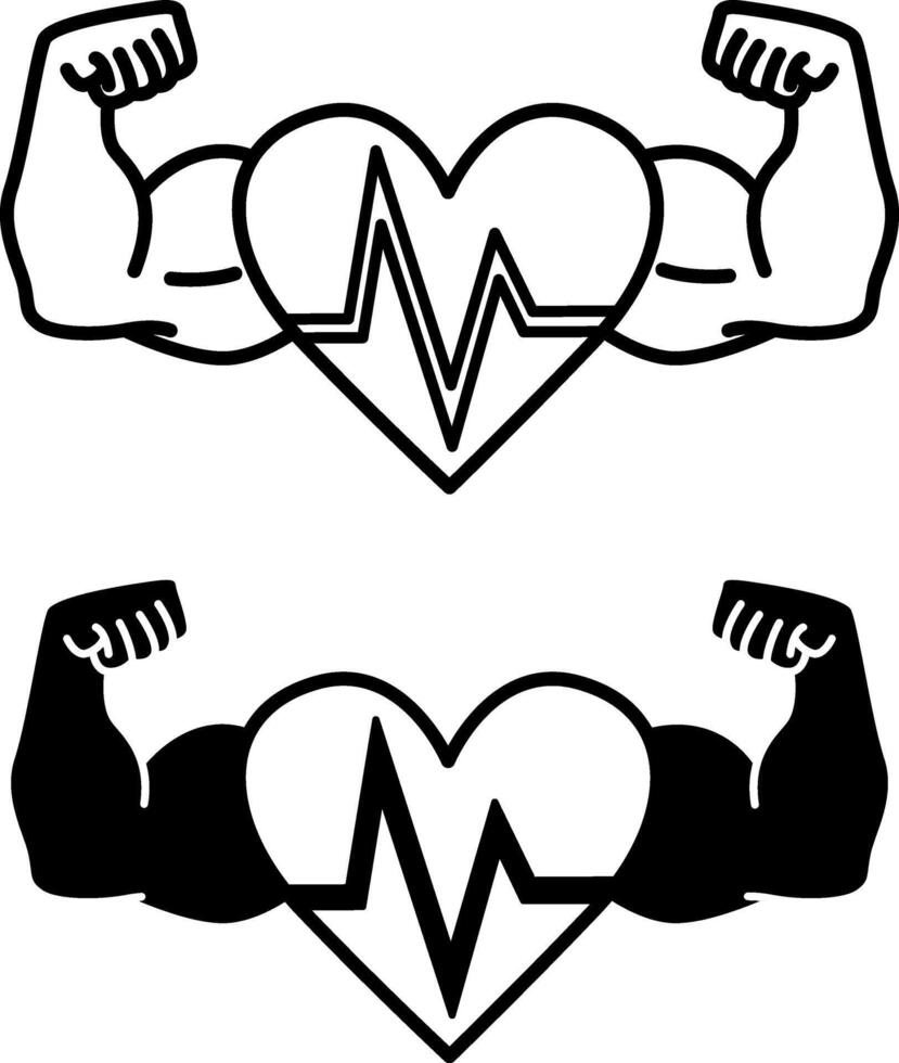 Strong Icons. Black and White Drawings. Arms with Biceps and Heart with Pulse. Strength Training, Bodybuilding. Sport and Gym Concept vector