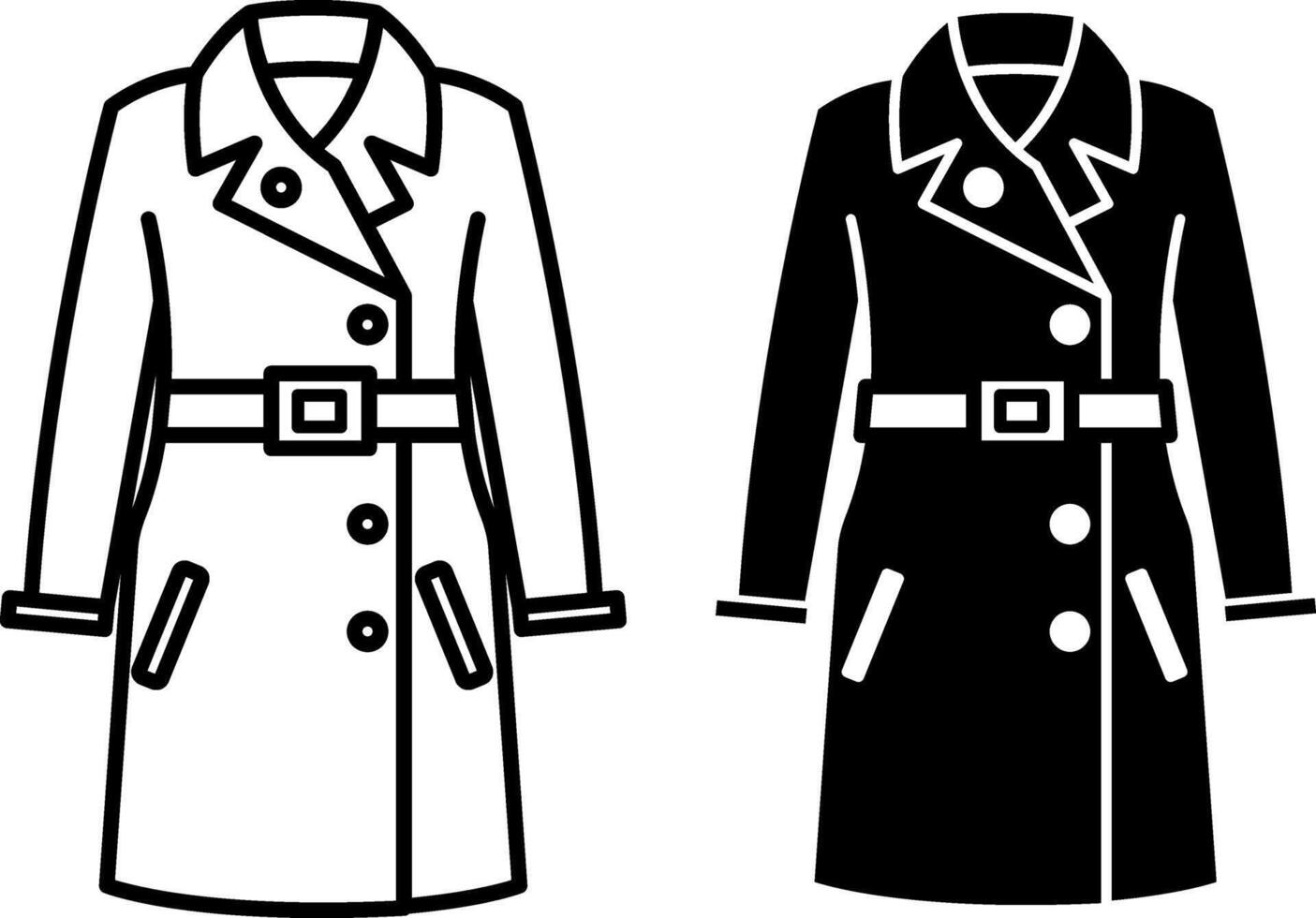 Coat Icons. Black And White Drawings. Outerwear Dress For Cool Weather. Stylish Coat With Belt. Fashion And Clothing Concept vector