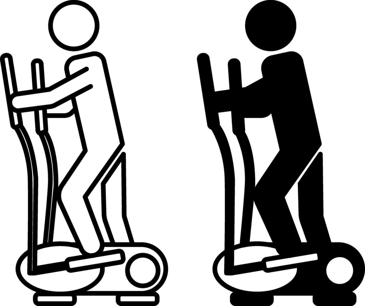 Elliptical Bike Icons. Black And White Illustration. Man Pressing On The Pedal Of The Trainer. Workout In The Gym. Sport Concept vector
