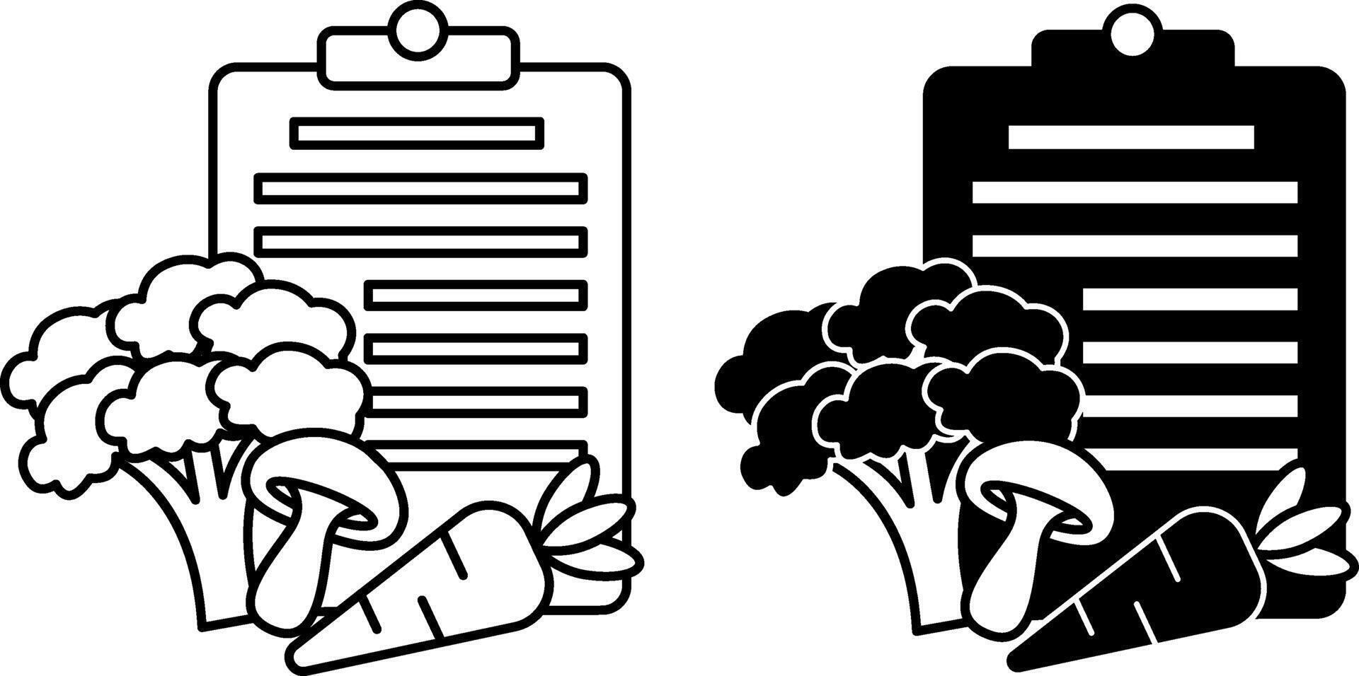 Diet Icons. Black and White Drawings. Broccoli, Mushroom, Carrot and Meal Planner. Vegetable Diet. Sport and Gym Concept vector