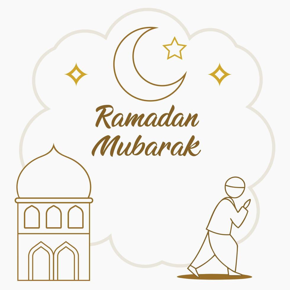 Elegant Ramadan Mubarak Illustration Featuring Crescent Moon, Mosque, and Praying Figure vector