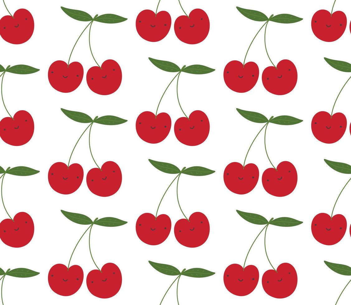 Cute smiling cherries with kawaii smile face seamless pattern background. Simple hand drawn childish illustration print vector