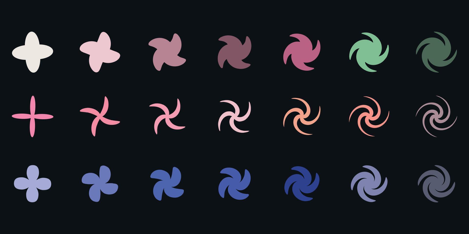 Set of abstract rotating shapes futuristic geometric swirl elements, A collection of abstract rotating shapes in various colors and forms, designed with a modern and futuristic aesthetic vector