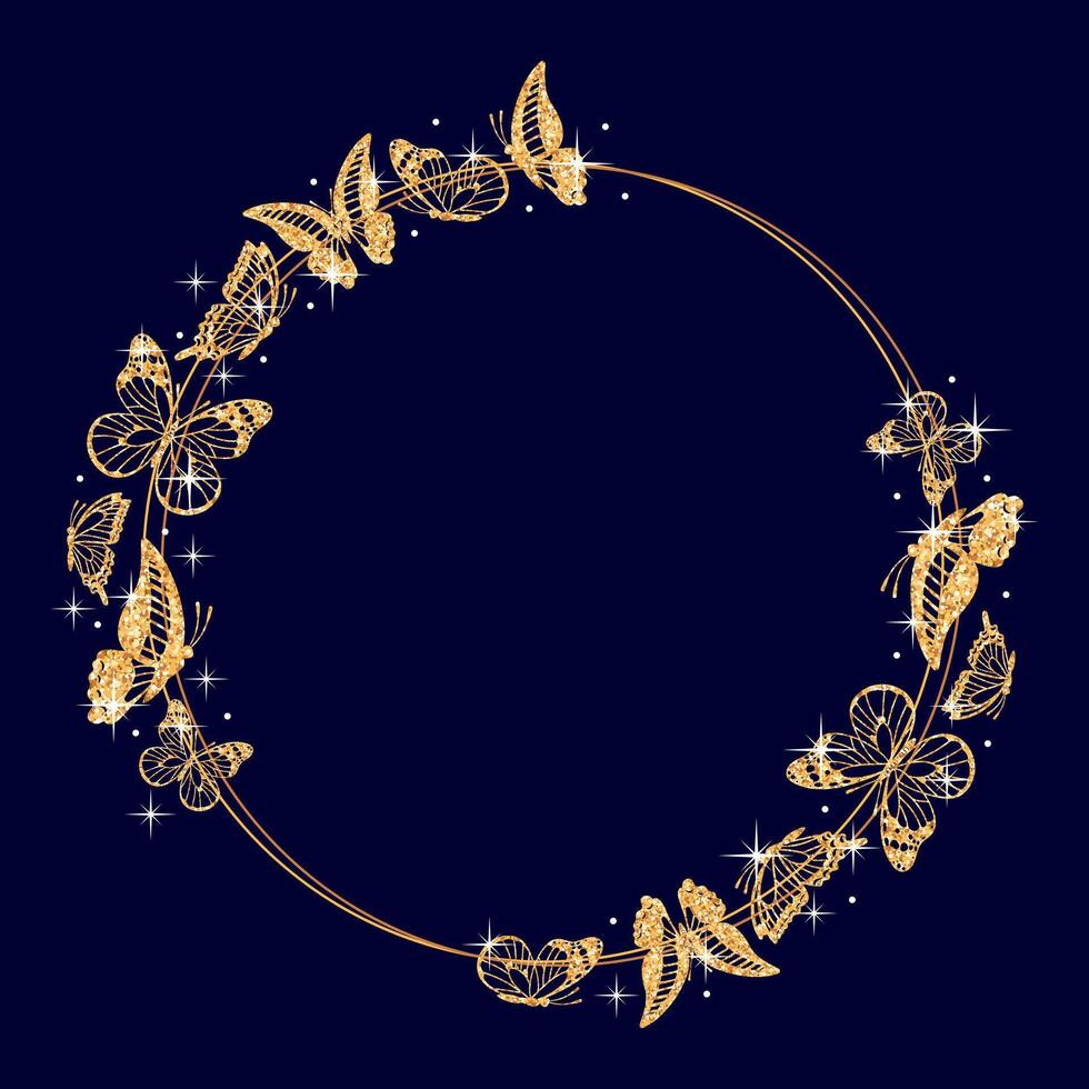 Round frame of butterfly silhouettes from shining gold glitter, Danaus plexippus, Graphium sarpedon, and Swallowtail. Ideal for various design projects, showing elegance and diversity in nature. vector