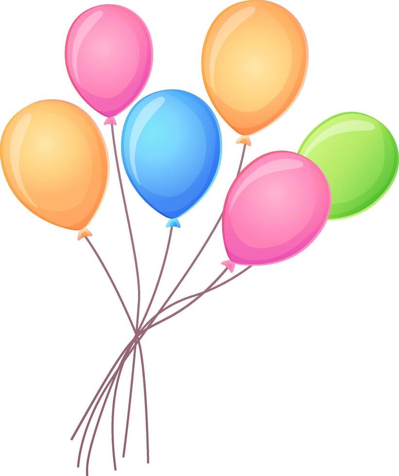 A small bundle of colorful helium balloons tied together with strings, creating a light and festive look. Isolated on a white background. vector