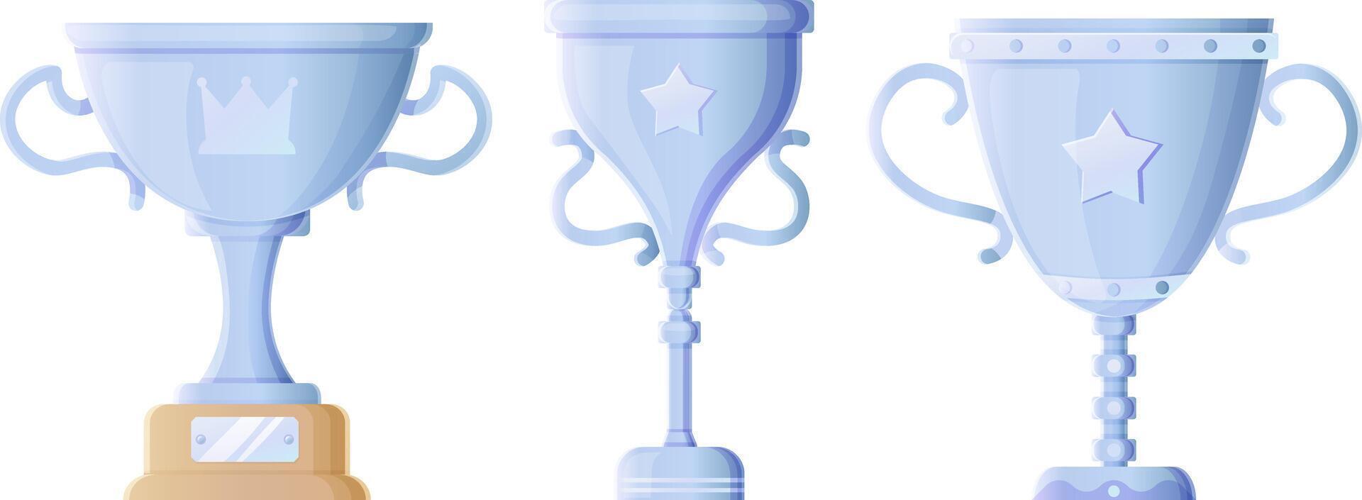 Collection of silver and blue trophies with unique star and crown details. vector