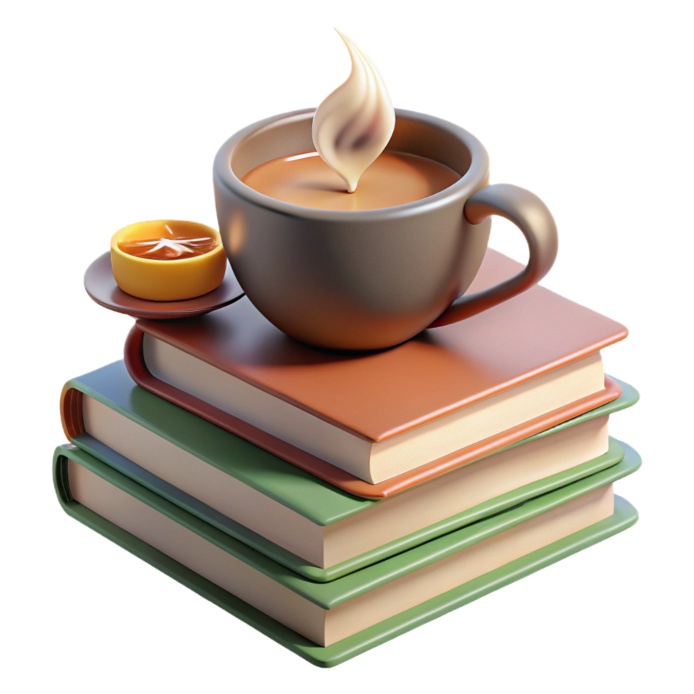 Cozy 3D Render Coffee, Books, and Tranquility png