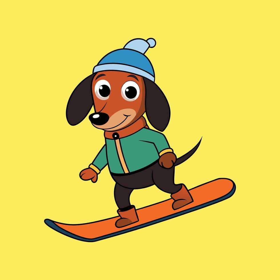 Playful Sausage Dog on a Snowboard vector