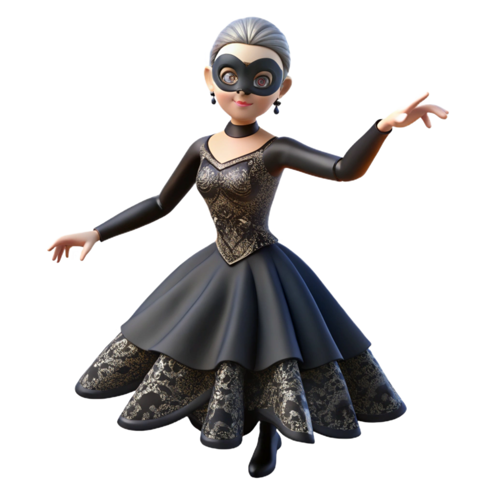 Elegant 3D Cartoon Lady in Masquerade Dress png