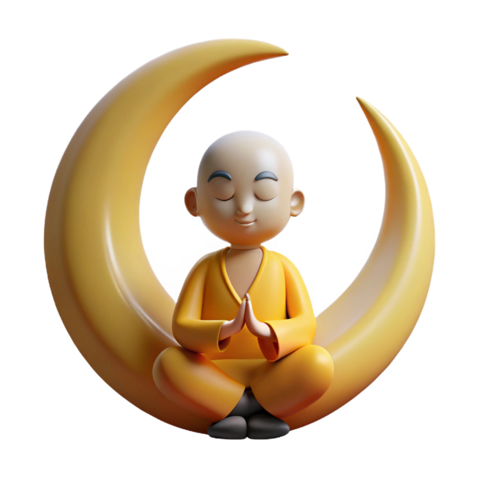3D Monk Meditating on Crescent Moon png