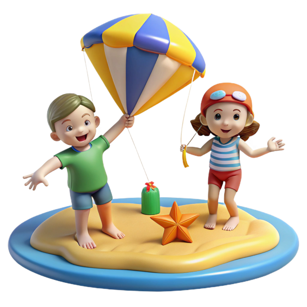 3D Illustration Kids Playing with Parachute on Beach png
