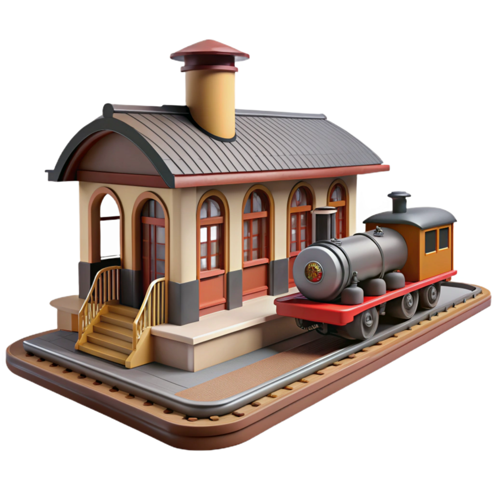 Cartoon Train Station 3D Render png