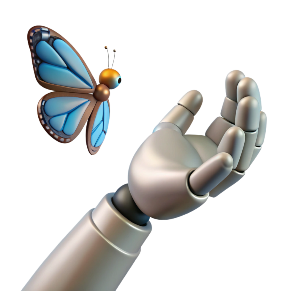 3D Render Robotic Hand and Butterfly png