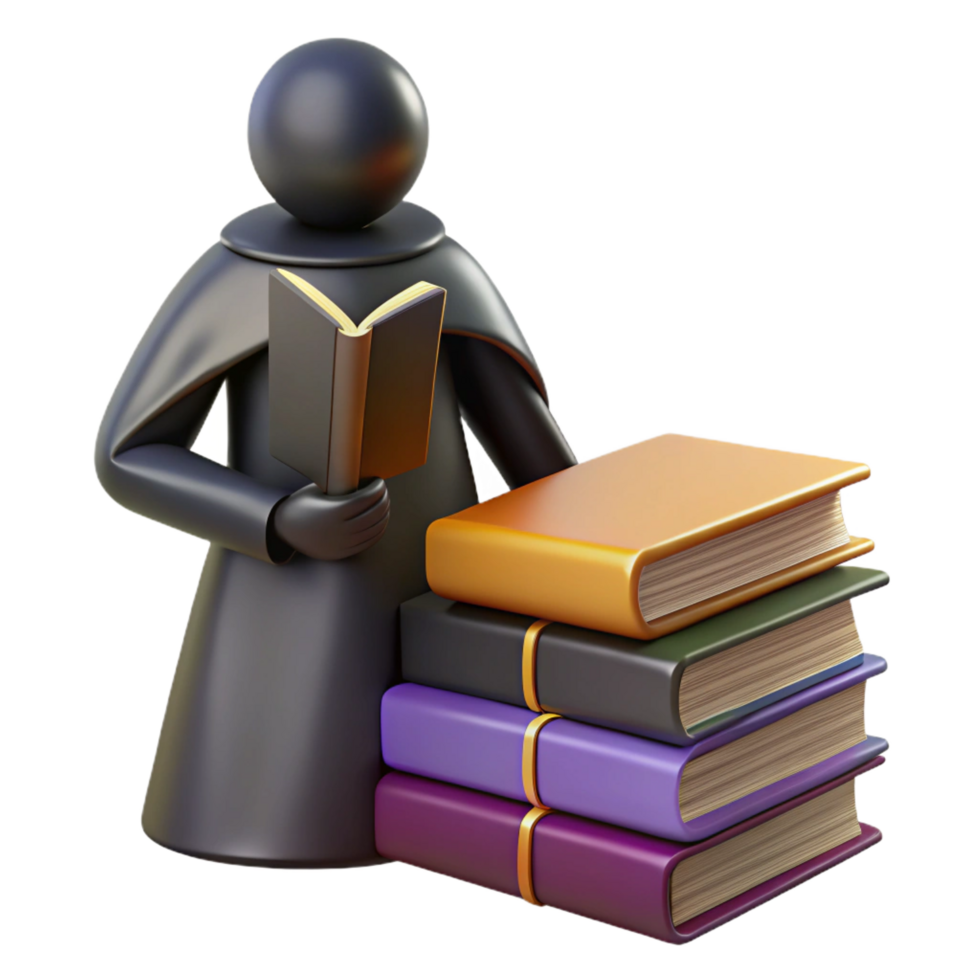 3D Render Reading Figure Books Stack Illustration png