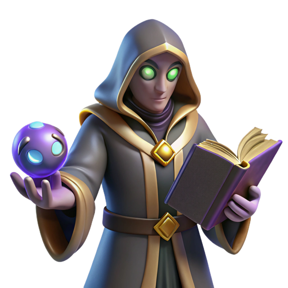 3D Render Wizard with Orb and Book png