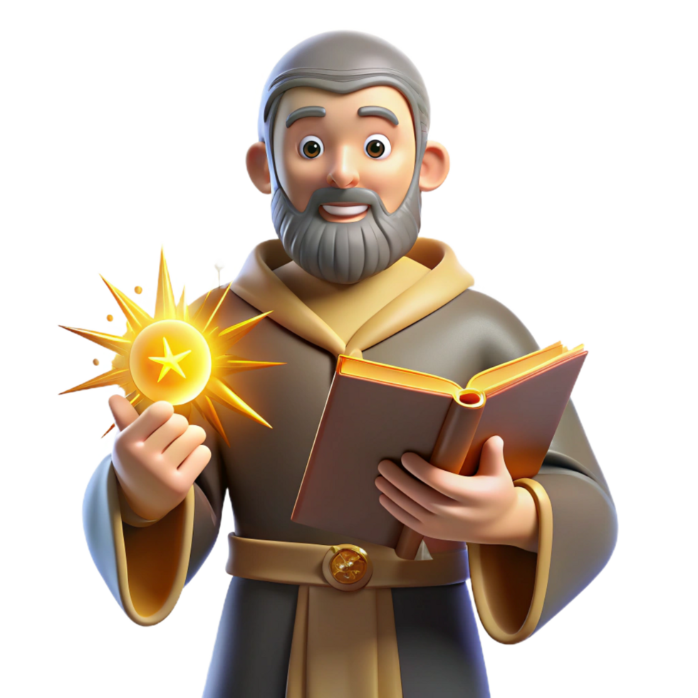 3D Monk Illustration Wisdom, Book, and Star png