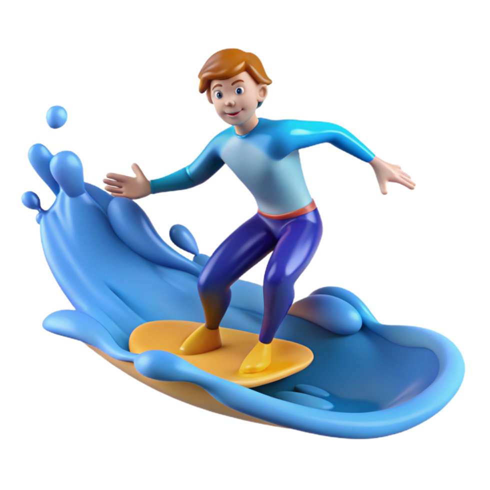 3D Cartoon Surfer Boy on Wave Illustration png