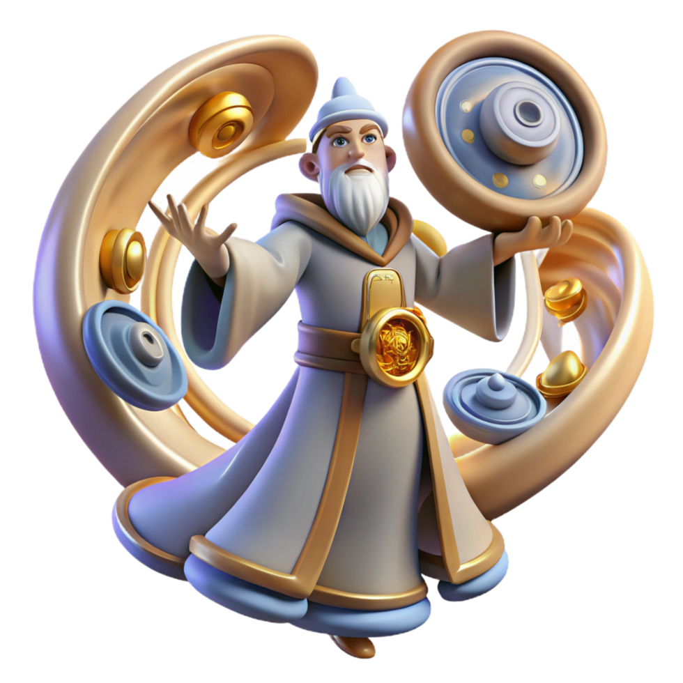 3D Illustration Wise Wizard with Spinning Discs png