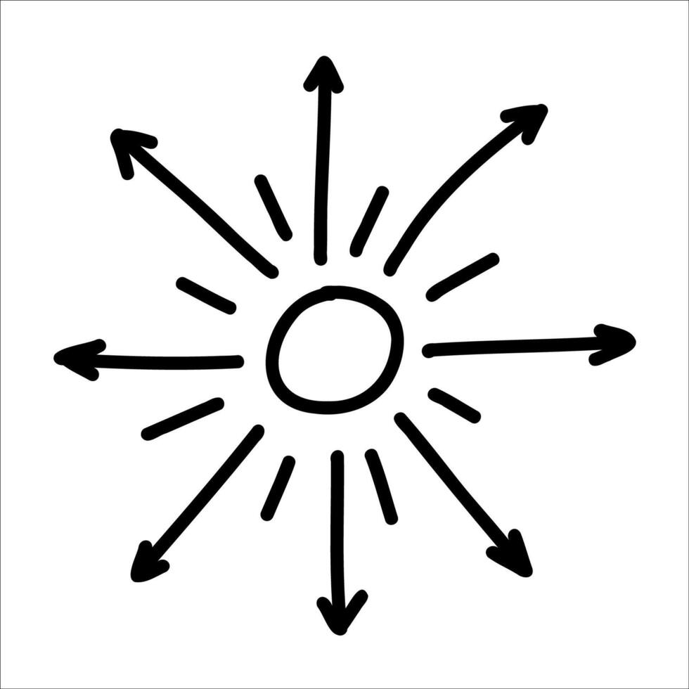 Hand drawn sun with rays arrow design in doodle. Cute illustration of sun ray arrow, perfect for adding playful touch to kids art. Ideal sun ray arrows design for cheerful decorations, projects. Arrow vector