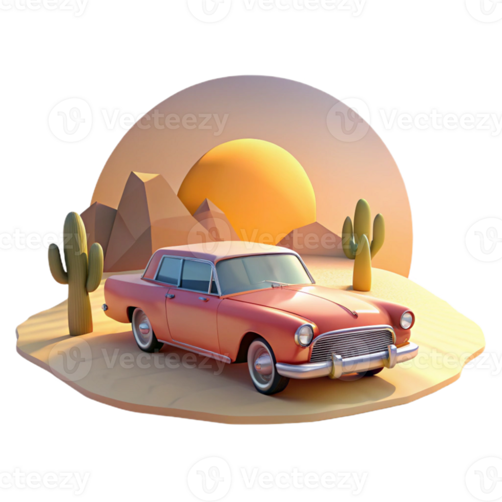 serene minimalist Retro Desert Car 3D Illustration genuine png