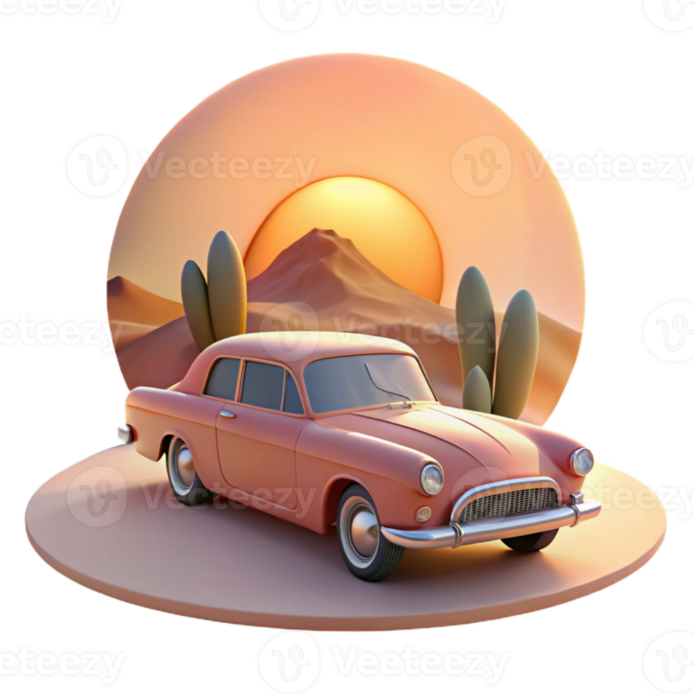 vibrant traditional Sunset Desert Classic Car 3D Render authentic png