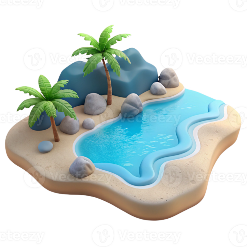 dramatic contemporary 3D Island Cove Illustration Palm Trees, Rocks, Ocean premium png