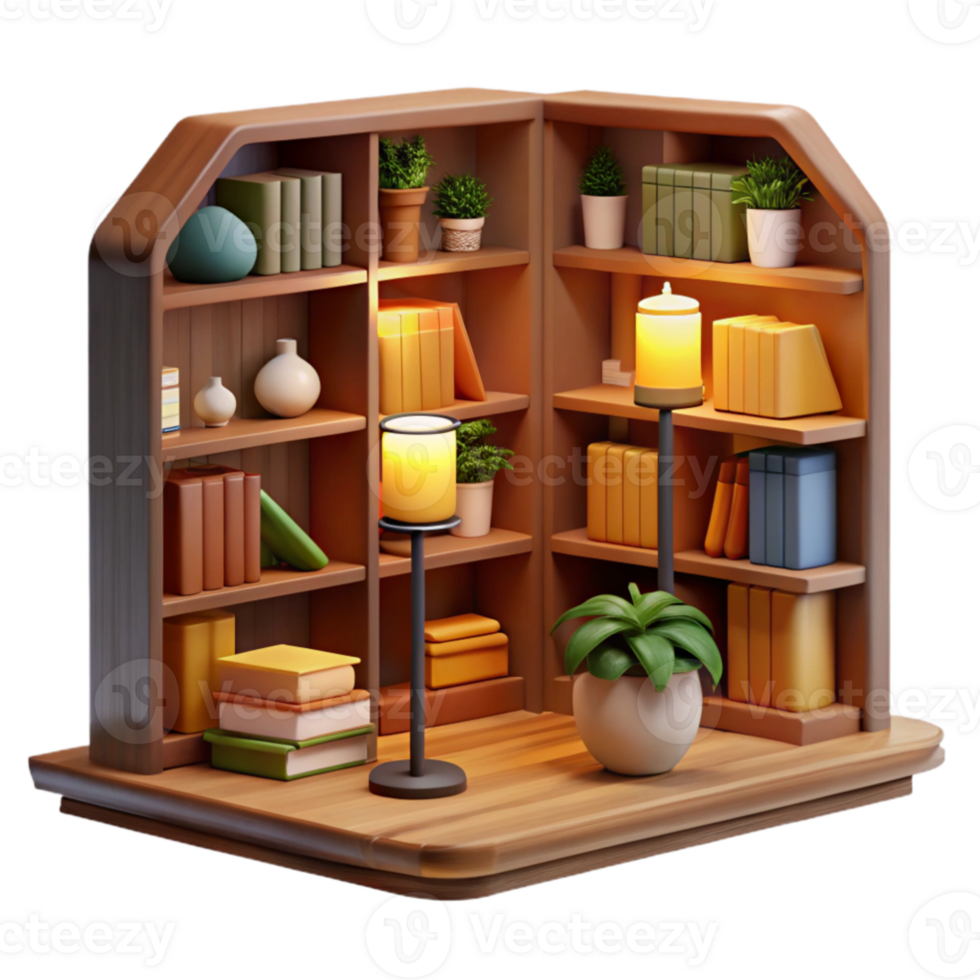 extraordinary artistic Cozy 3D Bookcase Illustration high resolution png