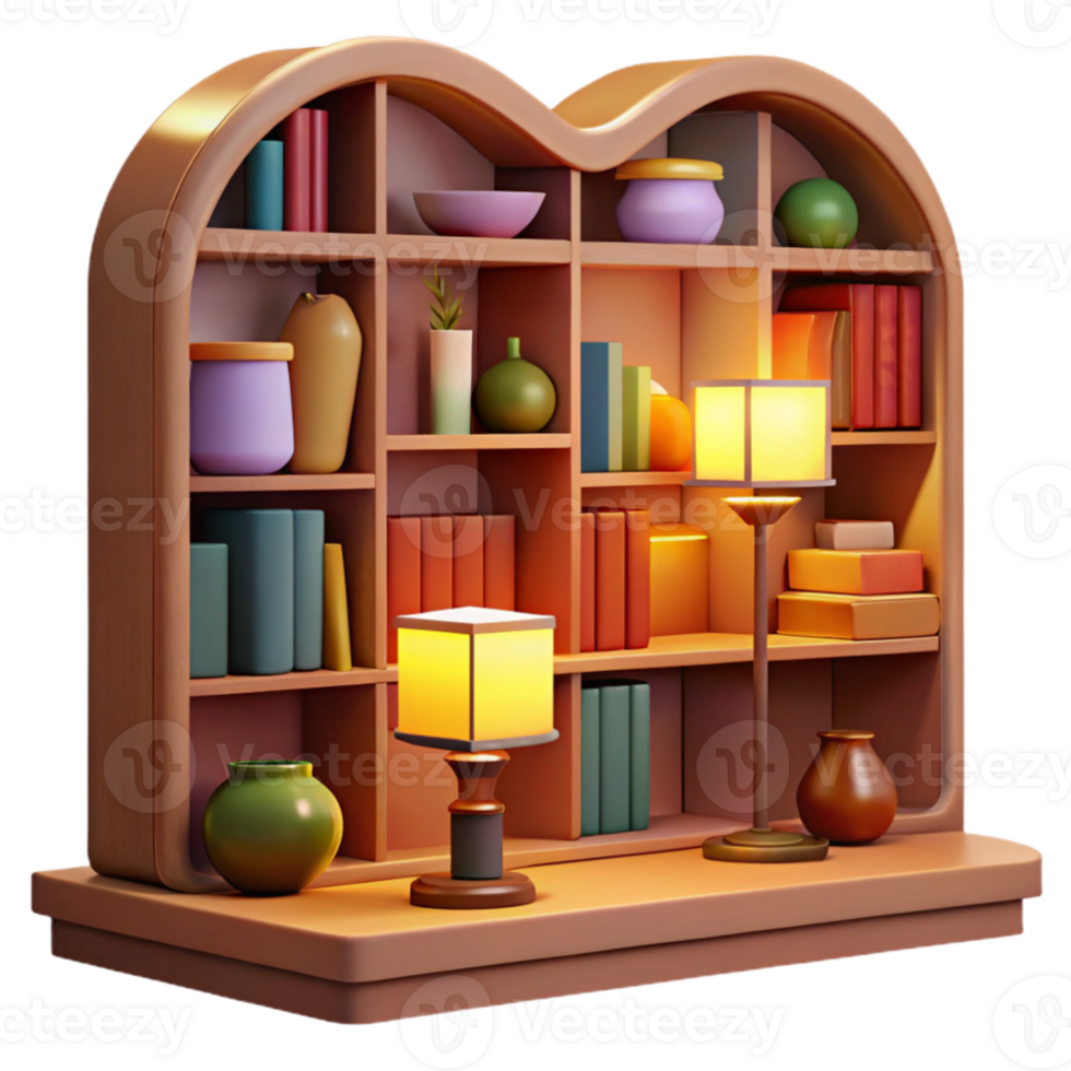 impressive rustic Cozy 3D Render Bookcase Illustration exclusive png