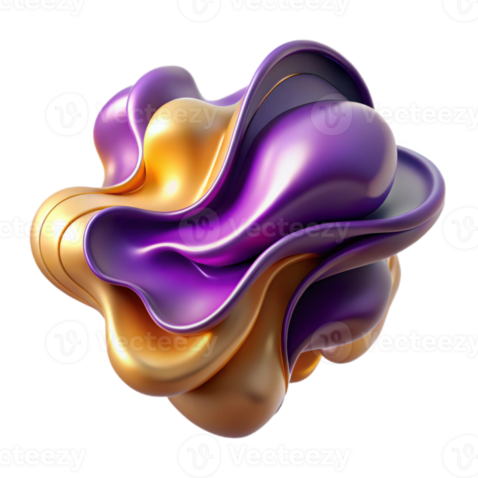 vibrant rustic Abstract 3D Render Gold Purple Fluid Shapes high resolution png