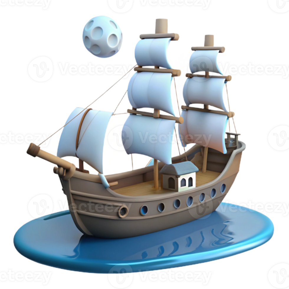 wonderful rustic 3D Cartoon Ship Illustration Night Sailing 4K png