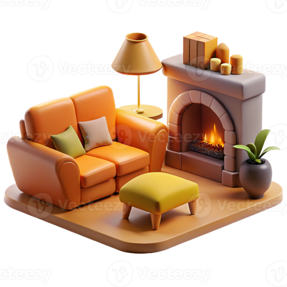 vibrant traditional Cozy 3D Render of Living Room with Fireplace authentic png
