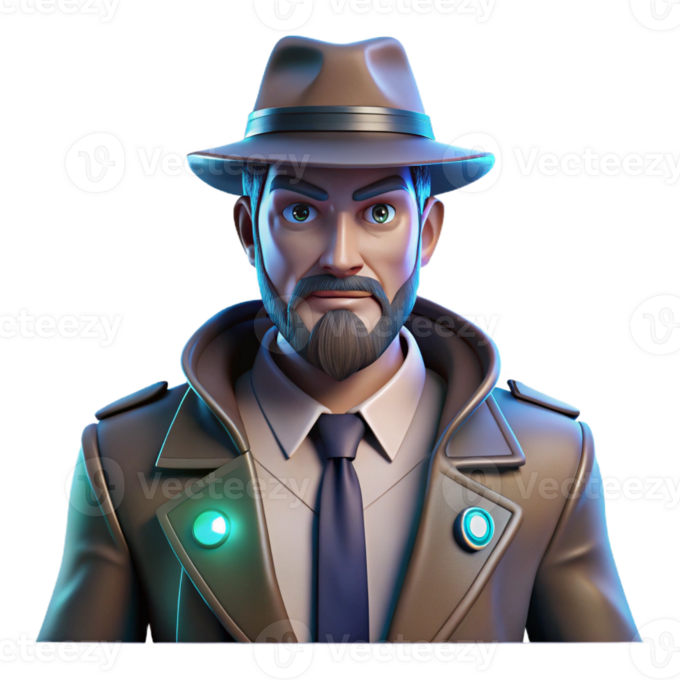vibrant vintage 3D Render Detective Character Illustration authentic png