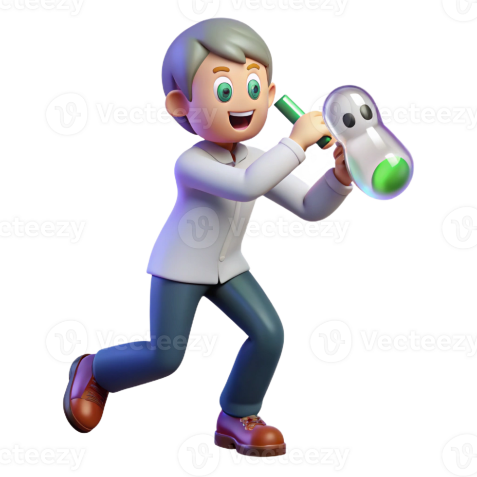 elegant artistic 3D Cartoon Scientist Exploring a Glowing Orb original png