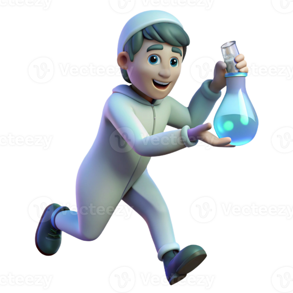 stunning traditional 3D Cartoon Scientist Running with Beaker exclusive png
