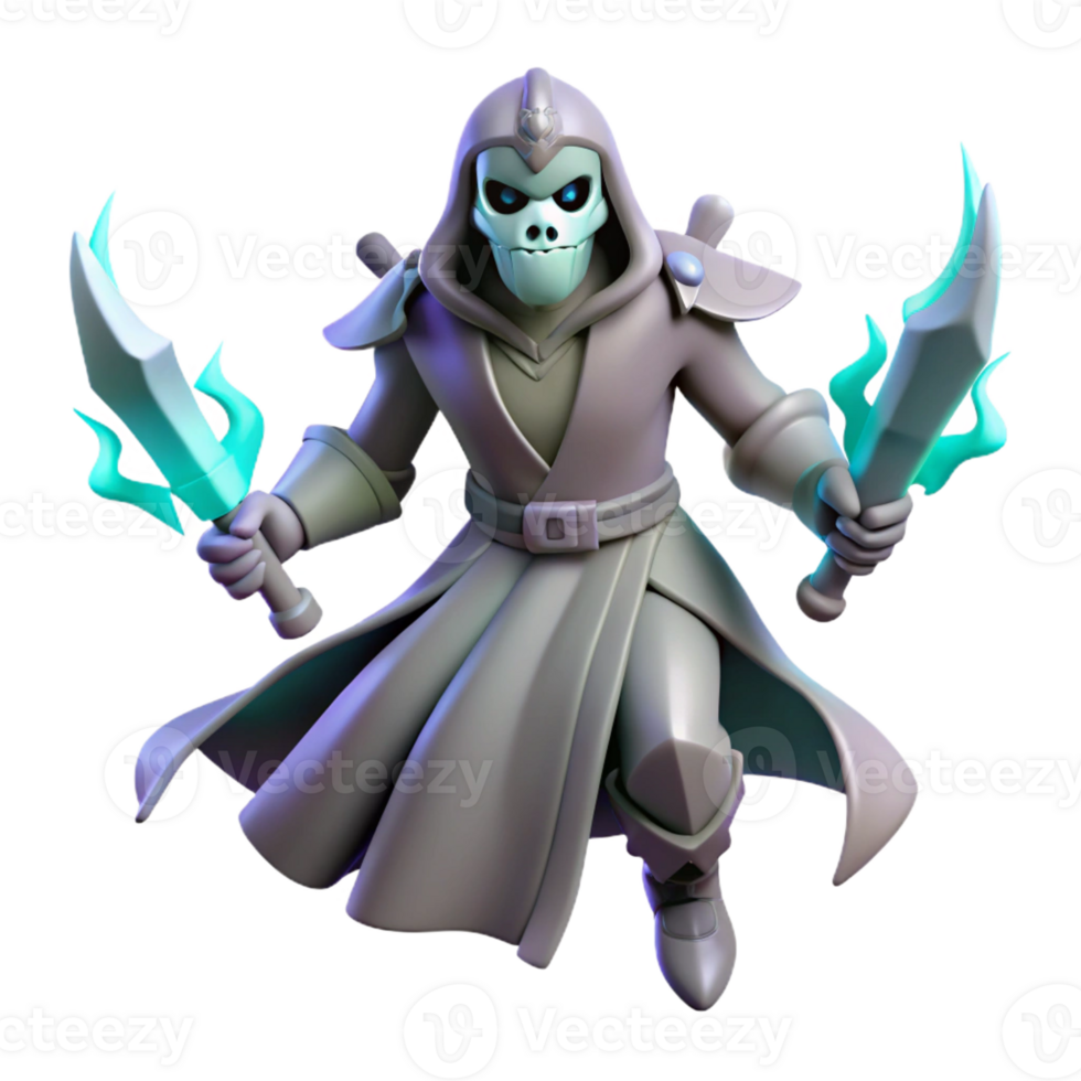 magnificent minimalist 3D Render Skeleton Mage with Glowing Swords high quality png