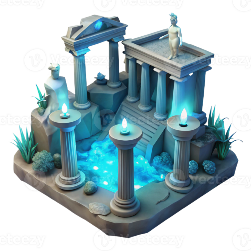 serene rustic 3D Render of Glowing Temple with Pool high resolution png