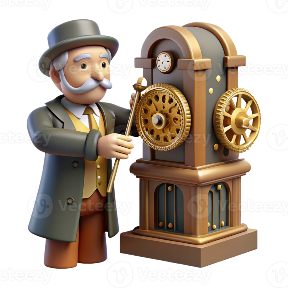 magnificent contemporary 3D Render Gentleman with Vintage Clockwork Machine detailed png