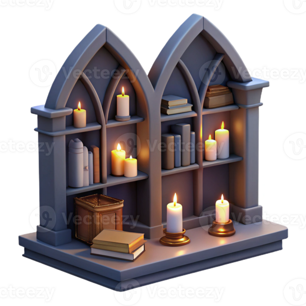 serene minimalist Gothic Bookshelf 3D Render authentic png