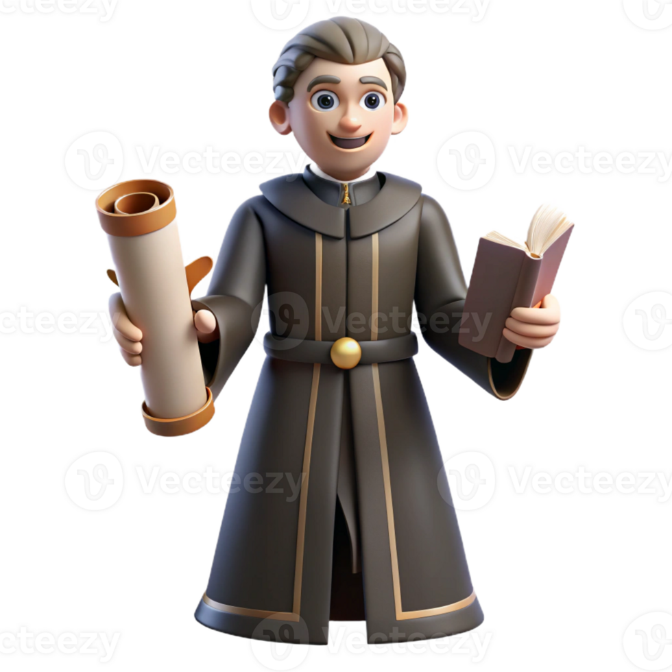 vibrant creative 3D Cartoon Scholar with Scroll and Book premium png