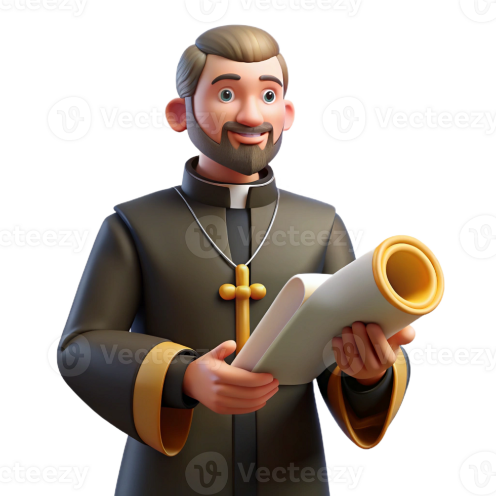 stunning modern 3D Priest Illustration Holding Scroll detailed png