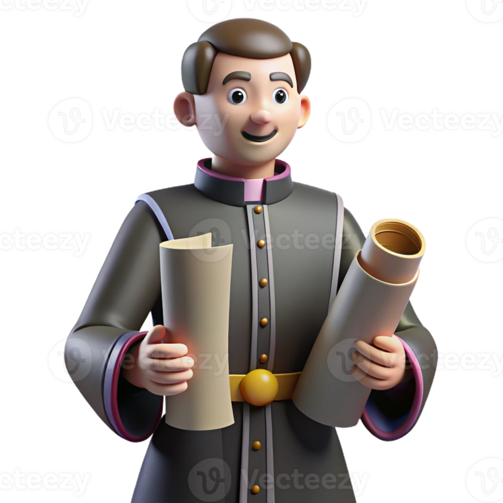 extraordinary modern 3D Cartoon Priest with Scrolls high resolution png