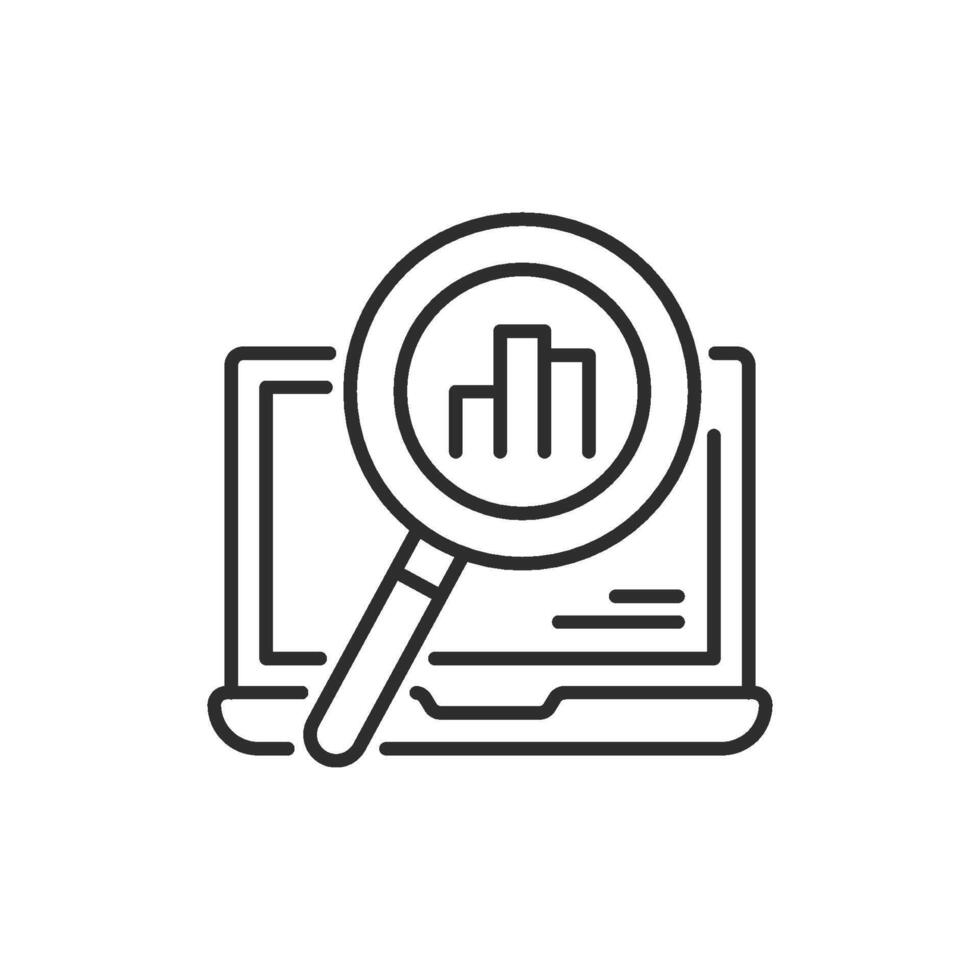 This icon represents data analysis, showing a magnifying glass over a computer screen with bar charts, highlighting the importance of key data representation in todays analytical environment vector