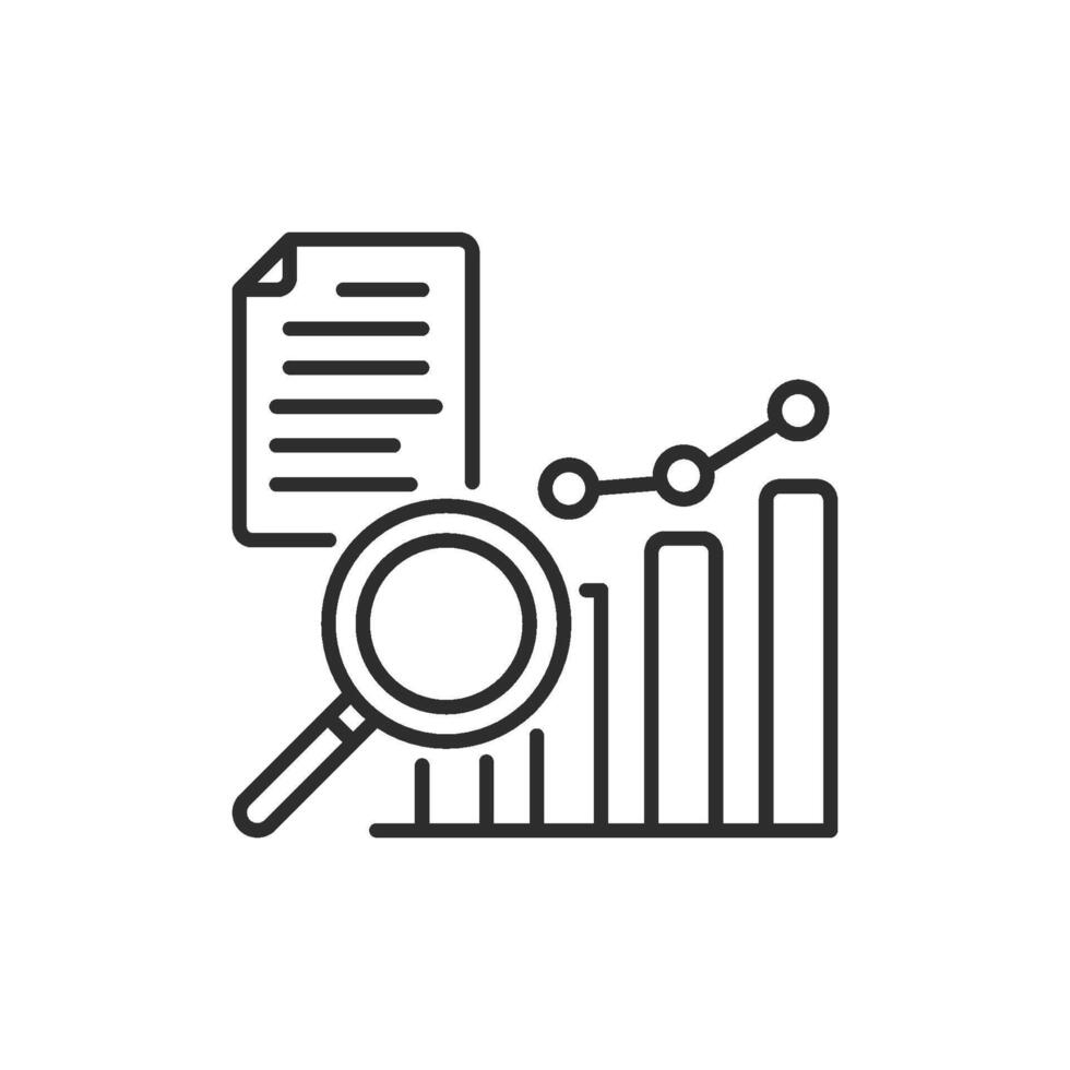 This minimalist line icon represents data analysis, featuring a magnifying glass, bar graph, and document, effectively illustrating key analytical processes used in various fields and industries vector