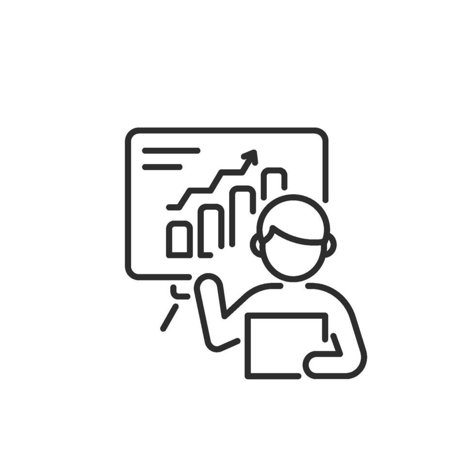 This minimalistic data analysis icon shows a person presenting a visually appealing bar chart, ideal for illustrating analytics and reporting in various digital formats for professional use vector