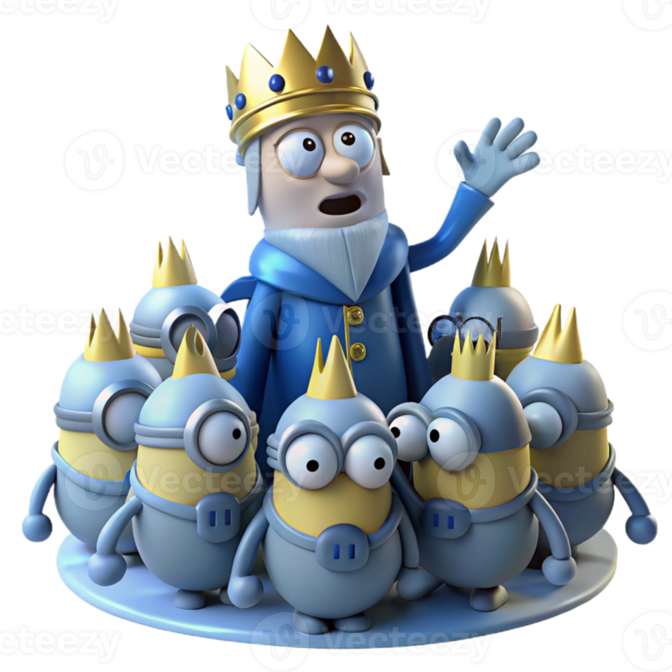 vibrant minimalist 3D Cartoon King and Minions Illustration professional png