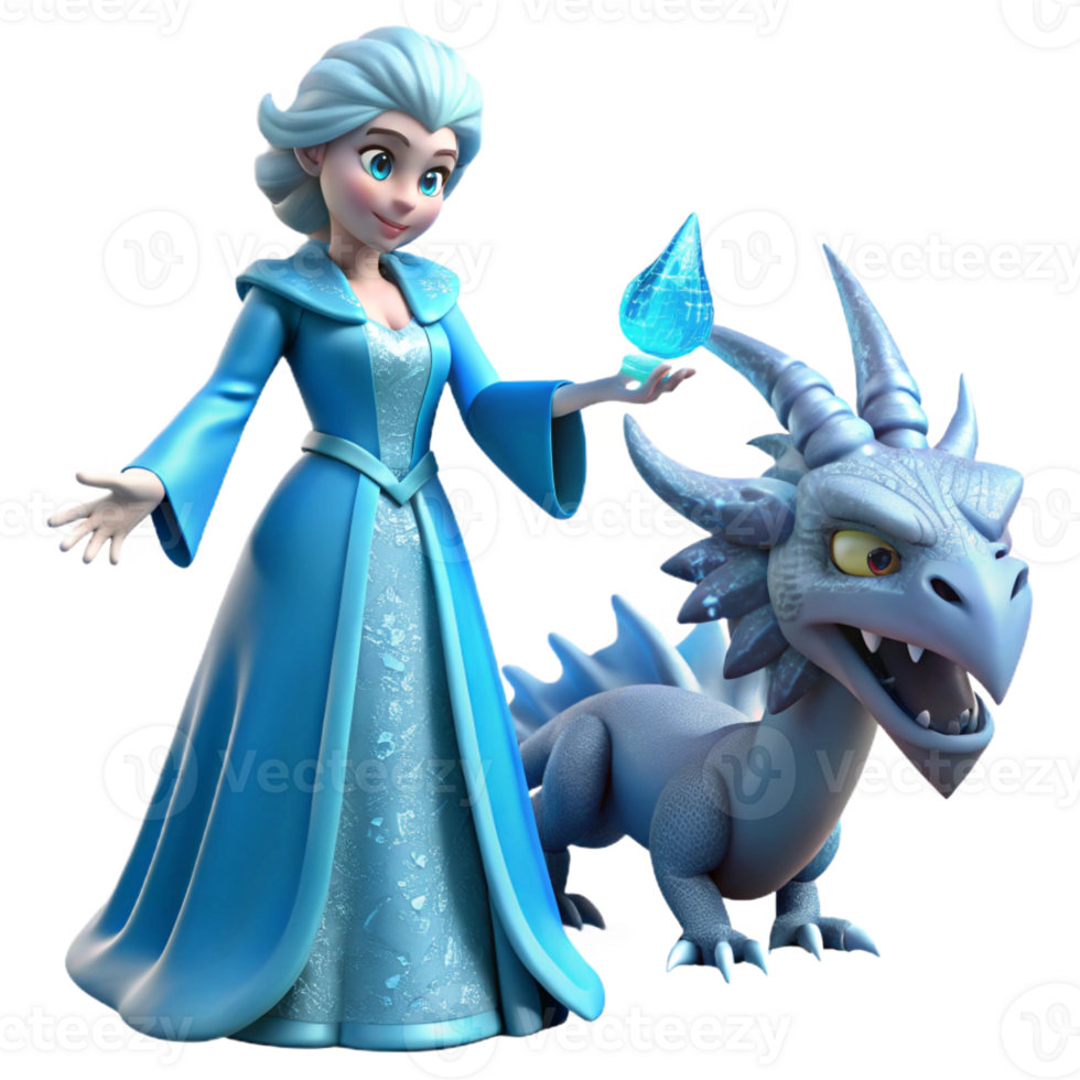 elegant artistic Ice Princess and Dragon 3D Render high resolution png